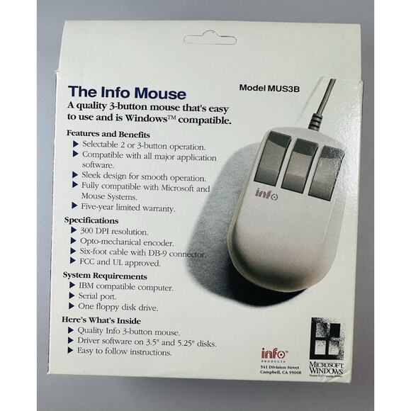 Info Mouse Mechanical ball 3 Button -Drivers On 5.25" Floppy for IBM PC AT or XT - Picture 5 of 5
